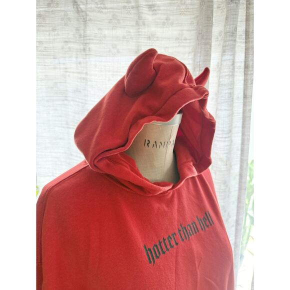 Red Devil Horn Hoodie Hotter Than Hell Pullover Men’s Size Medium Unisex - Picture 3 of 9